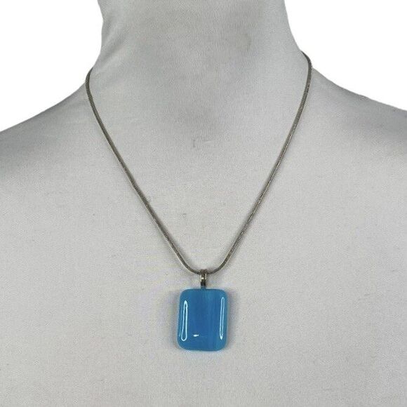 Silver Tone Necklace with Blue Retangle Pendant Slide on Chain 17” 3” Extender - Picture 7 of 8